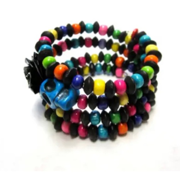 Sugar Skull Bracelet Black Rose Day Of The Dead Bracelet Rainbow Jewelry Cuff - Picture 3 of 3